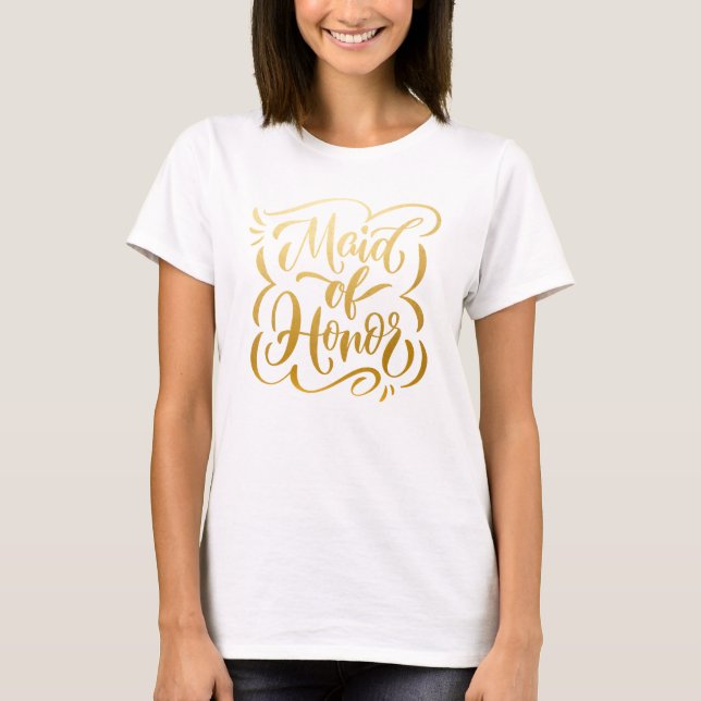 Falskt metalliskt guld handskriven brudtjänst t shirt (Framsida)