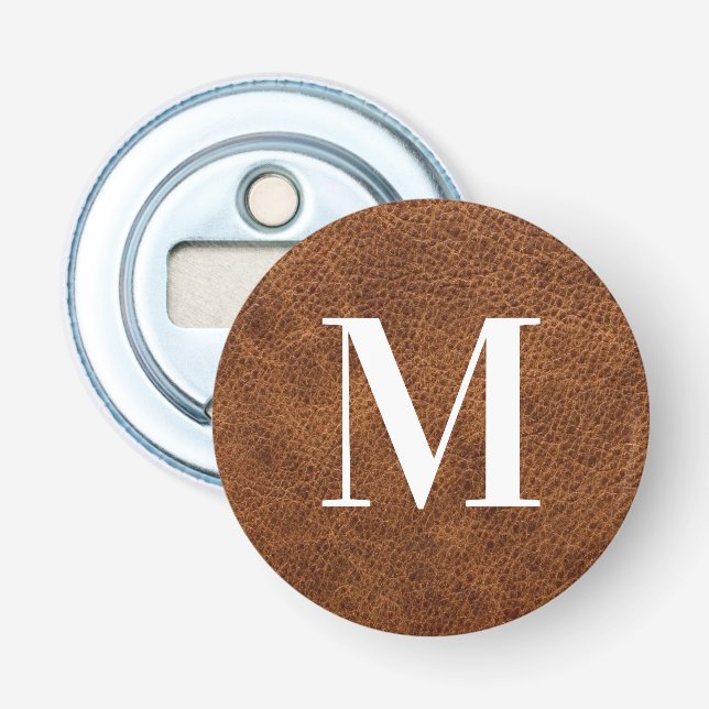Falskt modern monogram i brunt läder flasköppnare (Framsidan)