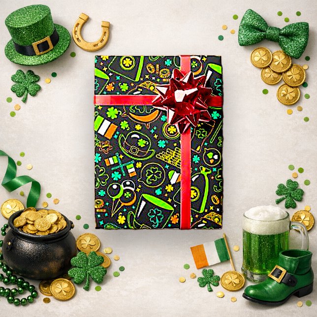 Falskt neon St. Patrick's Day irländsk ikonmönster Presentpapper (Skapare uppladdad)
