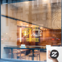 Falskt neonskyltfönsterdekal för kaffe och croissa