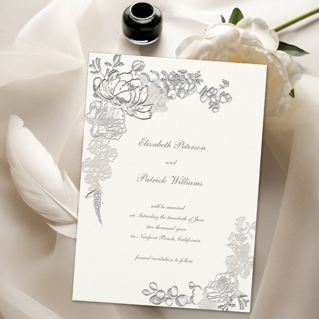 Falskt präglad peon kalligrafi chic pärla bröllop spara datumet (formal traditional elegant calligraphy wedding save the date  faux embossed peony pearl classic)