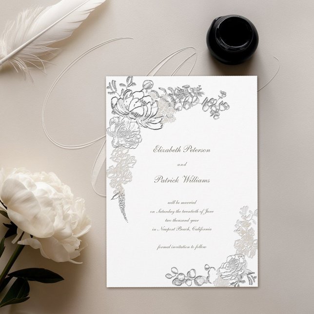 Falskt präglad peoniekalligrafi chic elfenbensvit  spara datumet (formal traditional elegant calligraphy wedding save the date  faux embossed peony ivory classic)