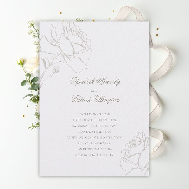 Falskt präglade rosor Pärlformell klassisk bröllop Inbjudningar (ethereal wedding theme pearl white invitation formal traditional modern classic floral roses elegant)