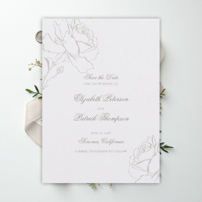 Falskt präglade rosor Pärlformell klassisk bröllop Spara Datumet (ethereal wedding theme white save the date formal traditional modern classic floral roses elevated)