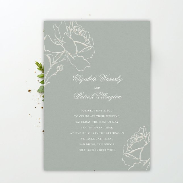 Falskt präglade rosor Salgröna klassiska bröllop Inbjudningar (sage green wedding theme invitation formal traditional modern classic floral elegant roses)