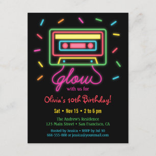 Falskt Retro Kassettdäck Neon Glöd Födelsedagsfest Inbjudningar