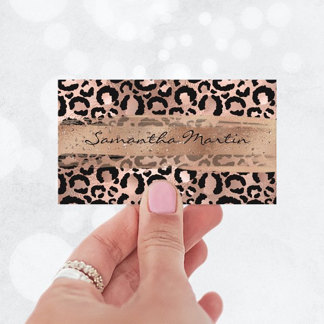 Falskt rosa guld folie glitter penseldrag leopard visitkort (Rose Gold Foil Glitter Brush Stroke Leopard Business Card)