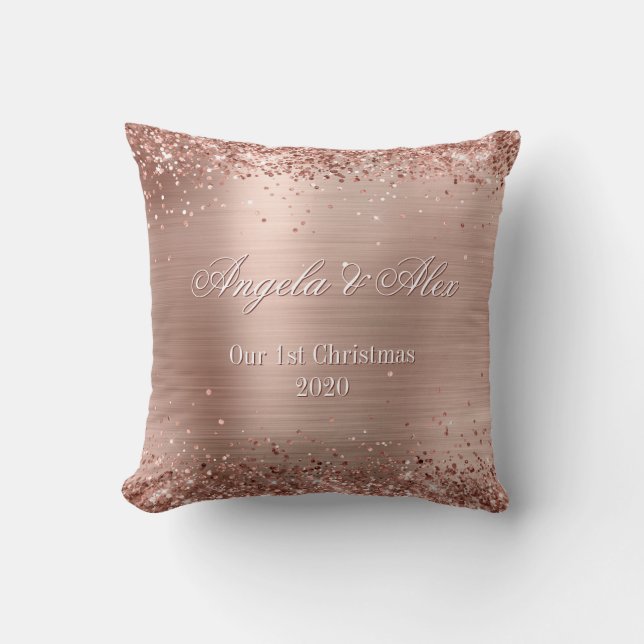 Falskt Rosa Guld Glitter Borstad Metall Folie Foto Kudde (Framsida)