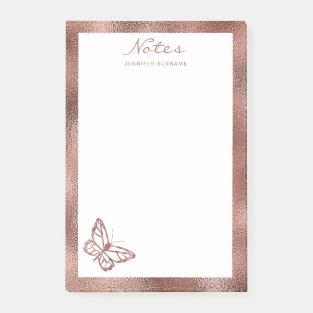 Falskt roséguld folie-utseende Fjäril & Anpassad t Post-it Block (Framsida)