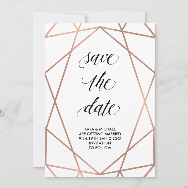 Falskt roséguld geometriskt Save the Date | Foto Spara Datumet (Framsida)