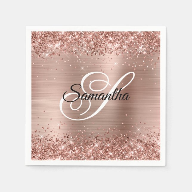 Falskt roséguld glitter och folie fancy monogram pappersservett (Framsidan)