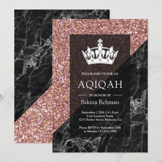 Falskt roséguld glitter svart marmor Aqiqah Inbjudningar (Fram/baksida)
