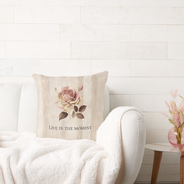 Falskt rustikt krämfärgad rosa ros trä kudde (Soffa)