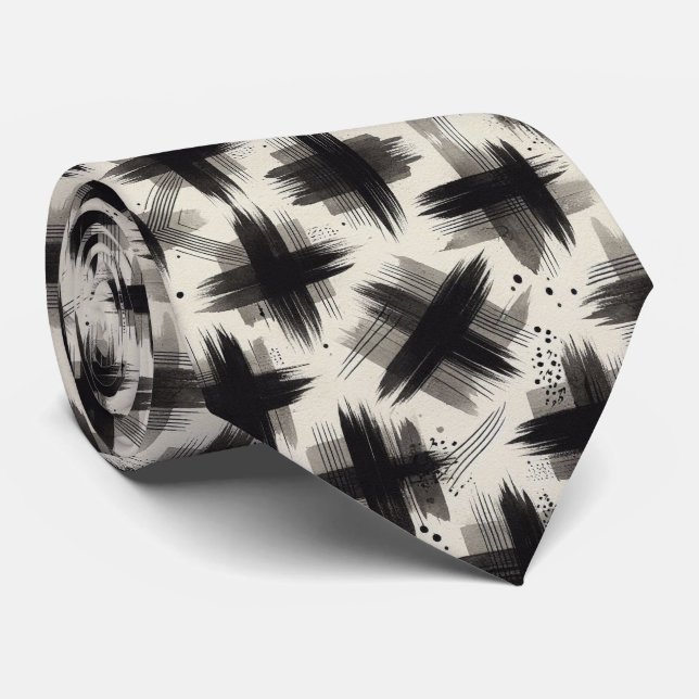 Falskt sidenhalsduk | Svart + Vit Abstrakt Design Slips (Rullad)