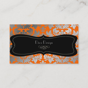 Falskt silver barock damask orange/svart visitkort