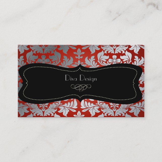 Falskt silver barock damask purpur/svart visitkort (Framsida)