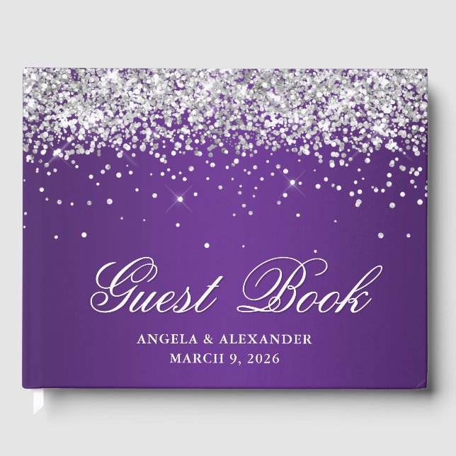 Falskt silver glitter kunglig lila ombré bröllop gästböcker (Framsida)