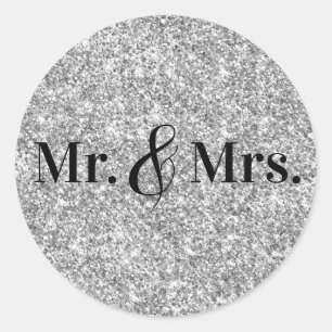 Falskt silver glitter Mr. & Mrs. Bröllop Runt Klistermärke