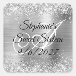 Falskt silver glitter och folie Sweet Sixteen Fyrkantigt Klistermärke
