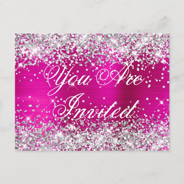 Falskt silver glitter rosa födelsedagsinbjudan vykort (Framsida)