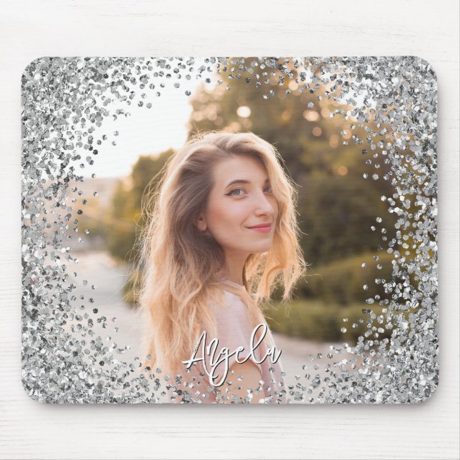 Falskt silver glitter runt kant foto musmatta (Framsidan)