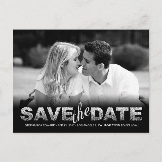 Falskt Silver Glitter Save the Date Foto Postkort Meddelande Vykort (Framsida)