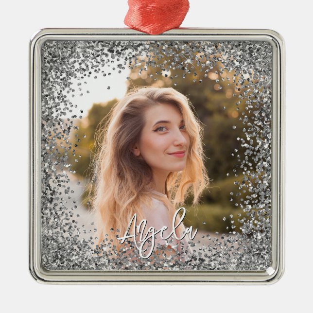 Falskt silver glitterfoto julgransprydnad metall (Framsidan)