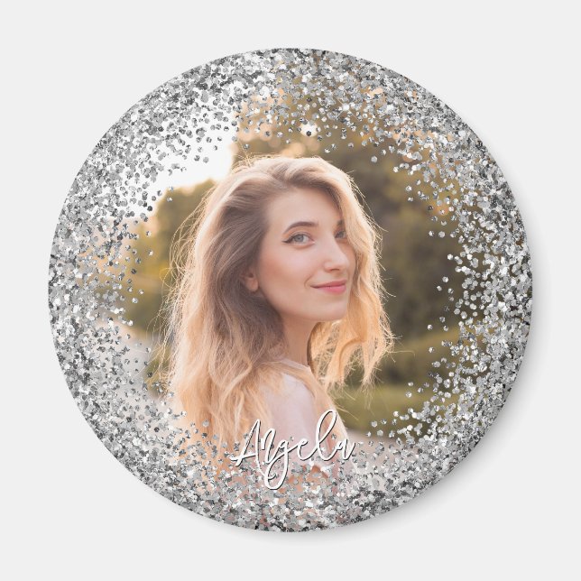 Falskt silver glitterfoto magnet (Framsidan)