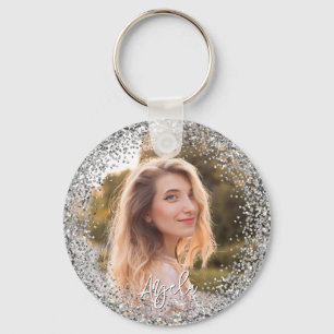 Falskt silver glitterfoto nyckelring