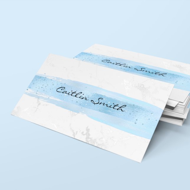 Falskt silver vit folie marmor blå penseldrag visitkort (Silver White Foil Marble Blue Brush Stroke Business Card)