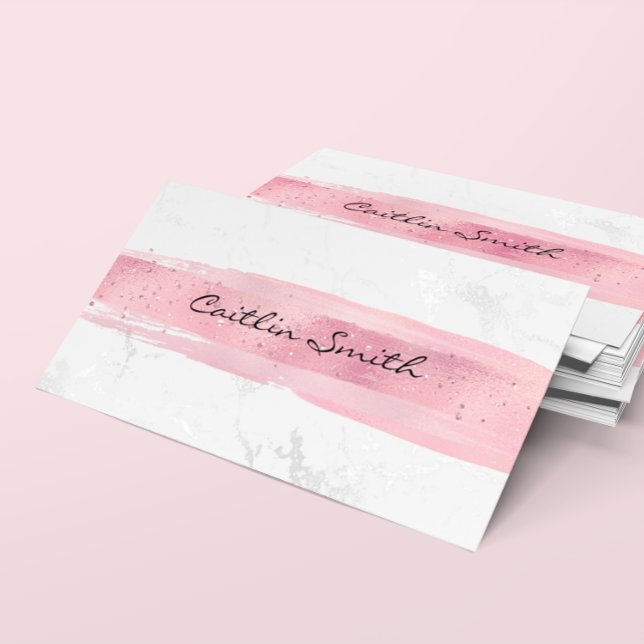 Falskt silver vit folie marmor rosa penseldrag visitkort (Silver White Foil Marble Pink Brush Stroke Business Card)
