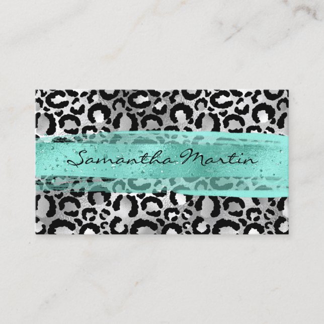 Falskt silverfolie Leopardfläck Aqua penseldrag Visitkort (Framsida)