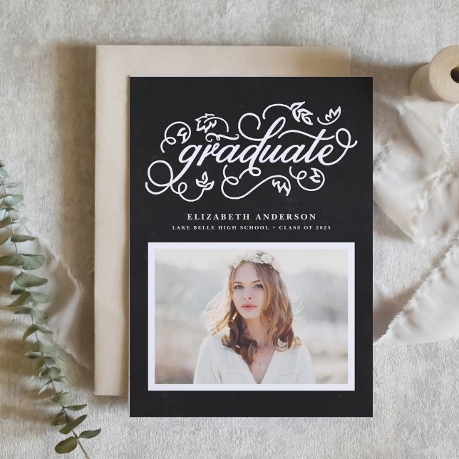 Falskt skrivtavla Rustik skript Foto Examen Inbjudningar (Customizable photo graduation invitation featuring rustic calligraphy on faux chalkboard background.)