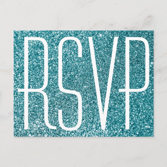 Falskt teal-glitter och vit RSVP Vykort (Framsida)