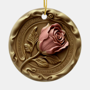Falskt vaxstämpel Guld Rosa Ros Blommig årsdag Julgransprydnad Keramik