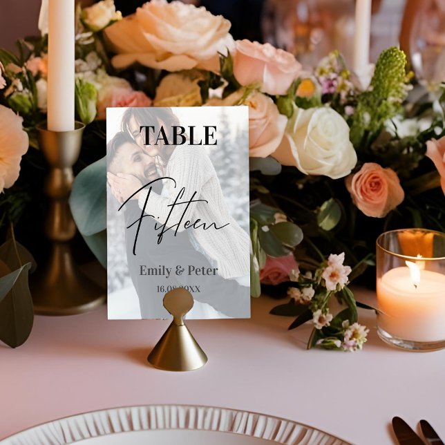 Falskt Vellum Foto Bröllop Femton Bordnummer Tack Kort (Faux Vellum Photo Wedding Fifteen Table Number)