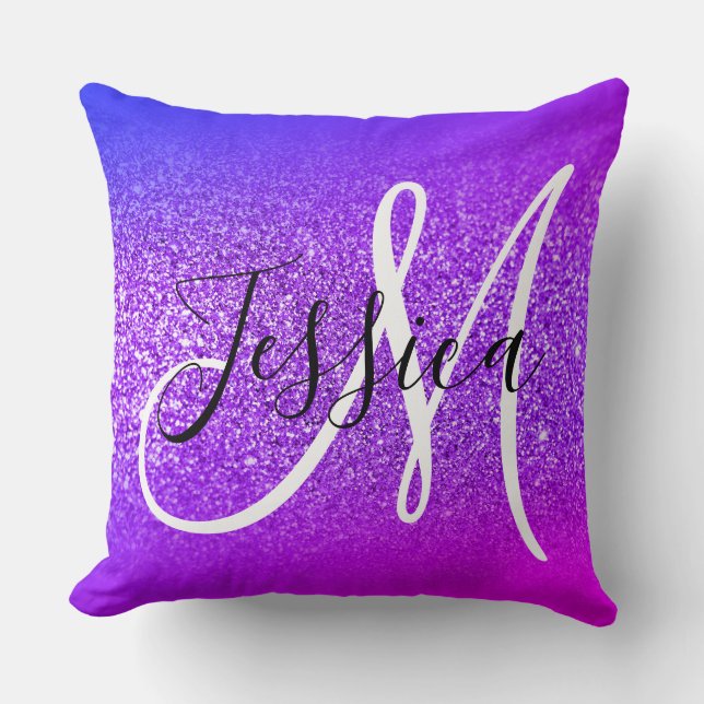 Falskt Violett Glitter Miami Ombre Monogram Kudde (Framsida)
