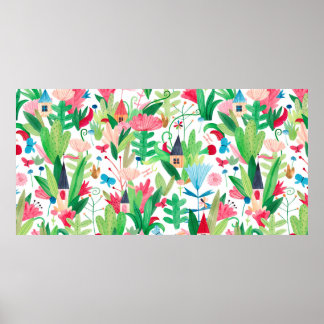 Fält av blommor och växter med små hus, men poster