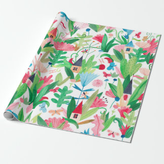 Fält av blommor och växter med små hus, men presentpapper