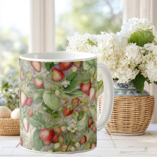 fält av mogna, röda jordgubbar kaffemugg