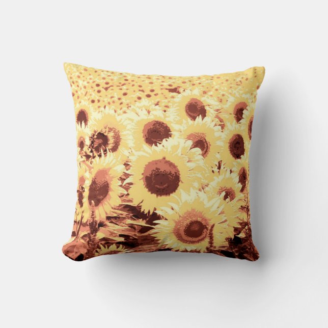 Fält av solblommor - bruna, guld och gult kudde (Framsida)