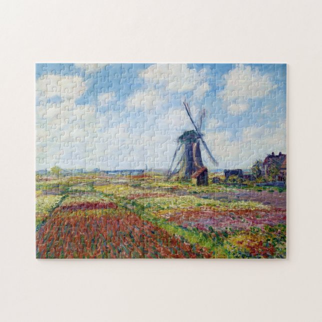 Fält av tulpan med den Rijnsburg kvarn Monet Pussel (Horisontell)