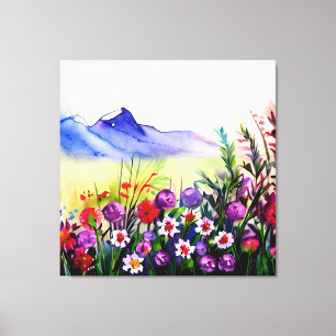 Fält av Wildblommor vid foten av ett berg Canvastryck