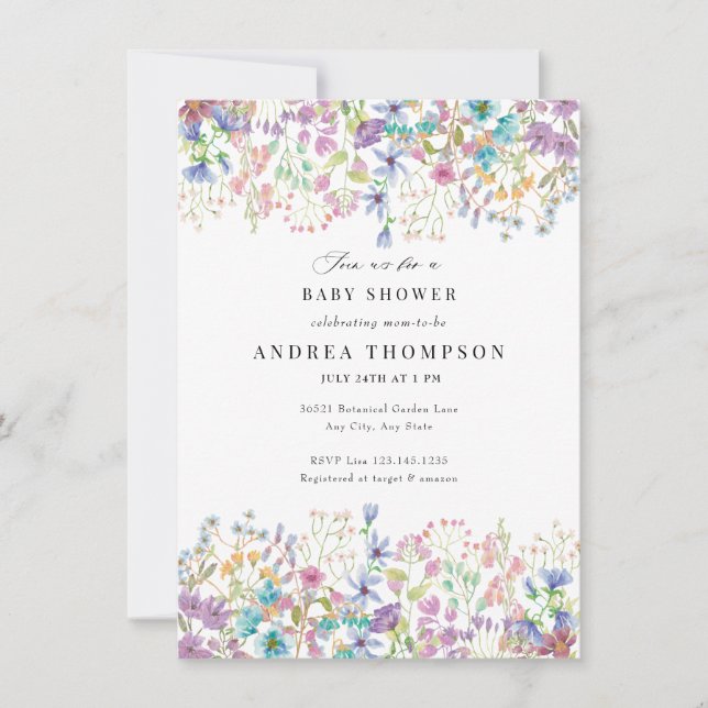 Fält Flowers | Handmålad Blommigt Babykläder Inbjudningar (Framsida)