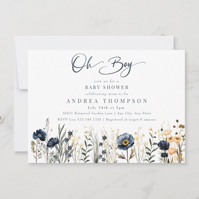 Fält Flowers | Oh Boy | Boy Baby Shower Inbjudningar (Framsida)