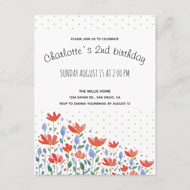 Fält Flowers vattenfärg i rött och blått sötningsm Meddelande Vykort (Framsida)