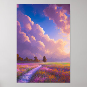 Fält i Rosa och Lila blommor Poster
