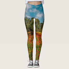 fält med blommor och träd leggings