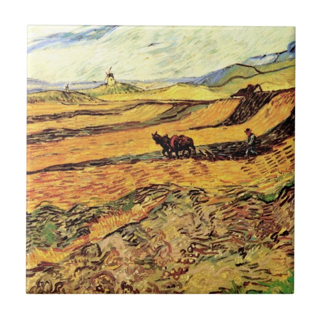 Fält med plogman och kvarn av Vincent van Gogh Kakelplatta (Framsidan)