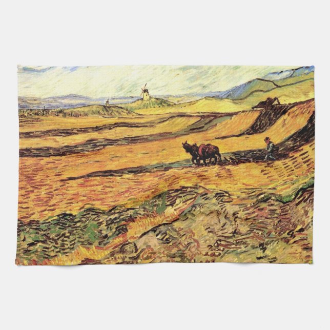 Fält med plogman och kvarn av Vincent van Gogh Kökshandduk (Horisontell)